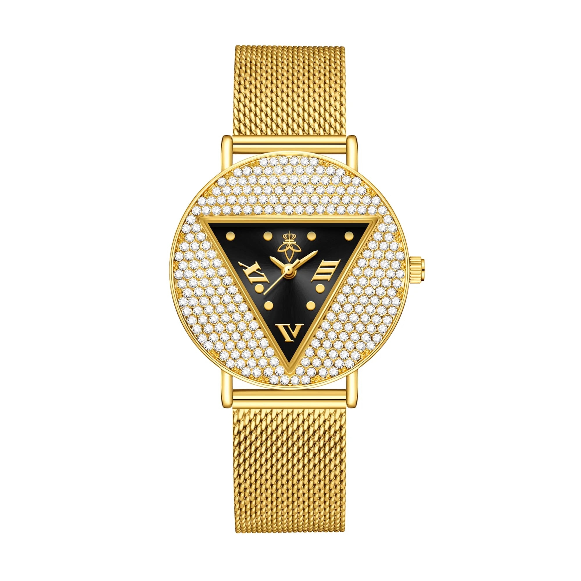 YaLaLuSi Geometric Triangle Rhinestone Ladies Wristwatch Full Paved Crystal Dial Gold Mesh Bracelet Quartz Fashion Women Dress Watch