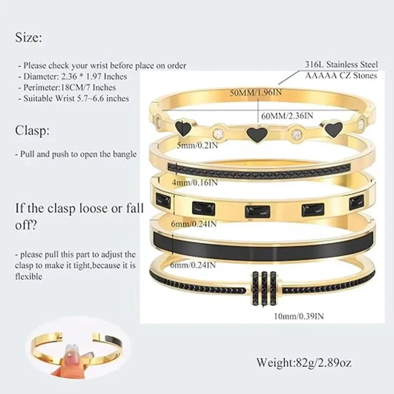 Stainless Steel Luxury 18K Gold Plated Bangles Bracelets Stackable Women's Bangle Bracelet Black Love Heart Fashion Jewelry