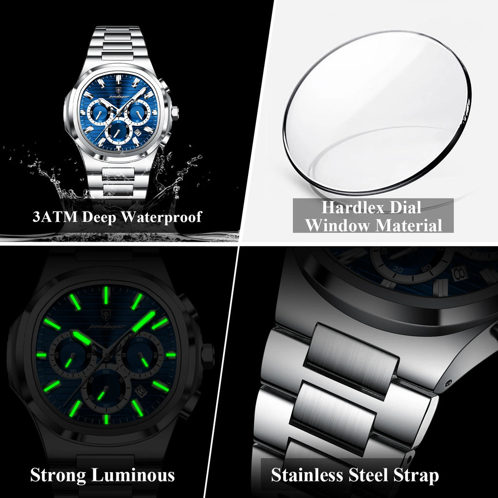 POEDAGAR Business Male Clock Date Chronograph Waterproof Luminous Luxury Men Watch Stainless Steel Quartz Fashion Men's Watches mbzr
