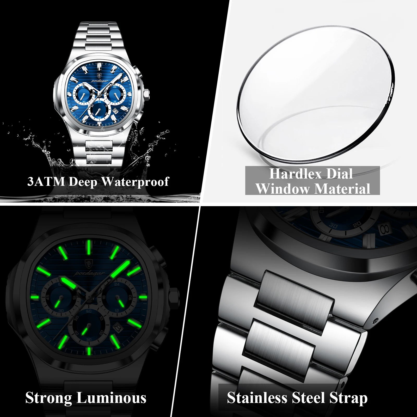 POEDAGAR Business Male Clock Date Chronograph Waterproof Luminous Luxury Men Watch Stainless Steel Quartz Fashion Men's Watches mbzr