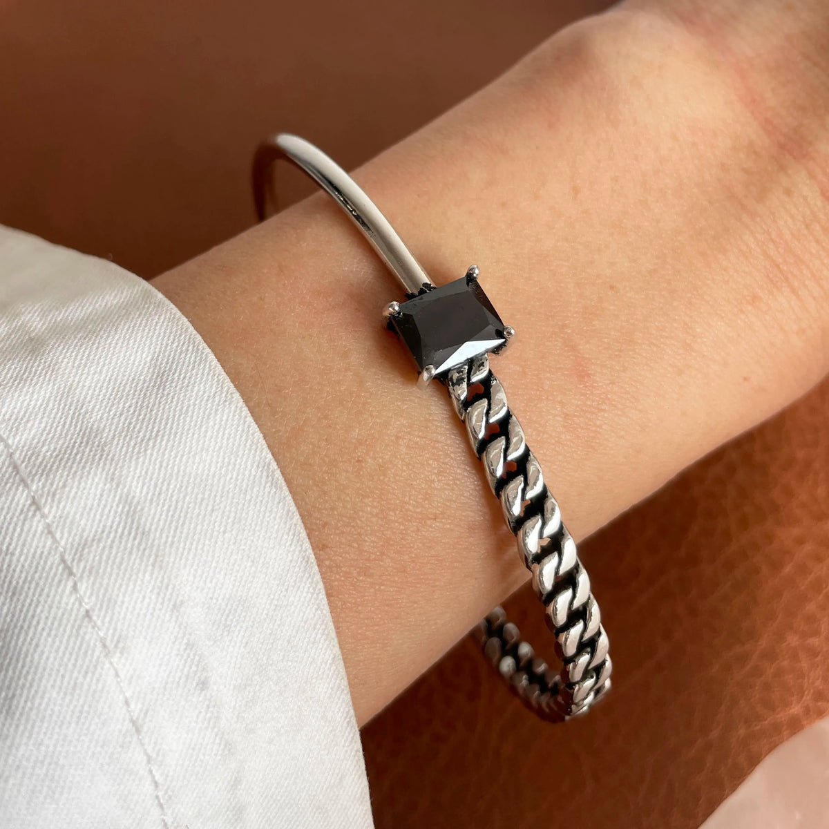 Chain and Link Bracelets Vintage Handmade Simple Retro Black Stone 925 Silver