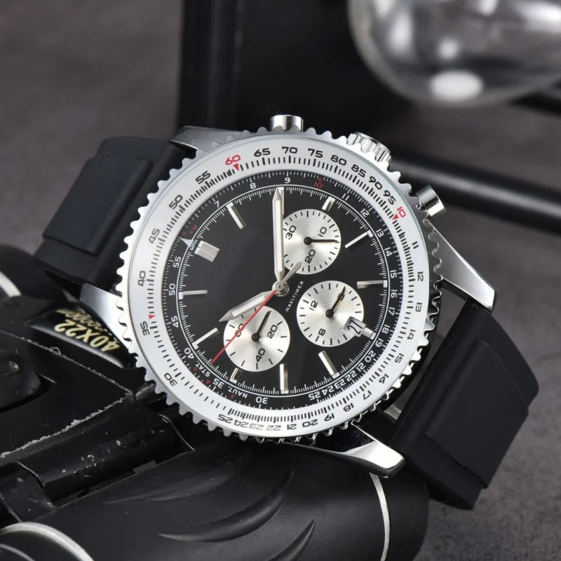 Men Quartz Chronograph Watch Silver Alloy Case Tachymeter Scale Bezel Date Display Soft Silicone Rubber Strap Sports Male Wrist Watch