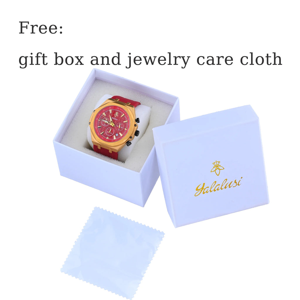 YaLaLuSi Octagon Gold Case Men Chronograph Watch Burgundy Red Grid Dial Silicone Strap Tachymeter Multi Sub Dial Date Waterproof Sports Quartz Wristwatch
