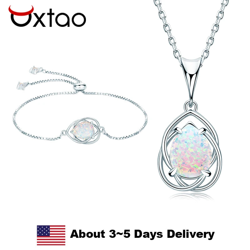 OXTAO White Opal Water Drop Necklace Bracelet Female Jewelry 925 Sterling Silver 7x10mm Pear Shape Cut Hollow Pendant Adjustable mbzr
