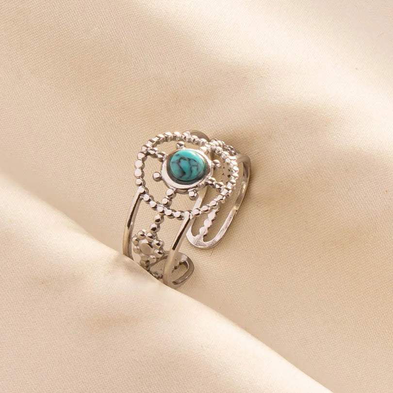 1pc Stainless Steel Boho Turquoise Open Finger Rings Trendy Adjustable Women Multi Layers Stackable