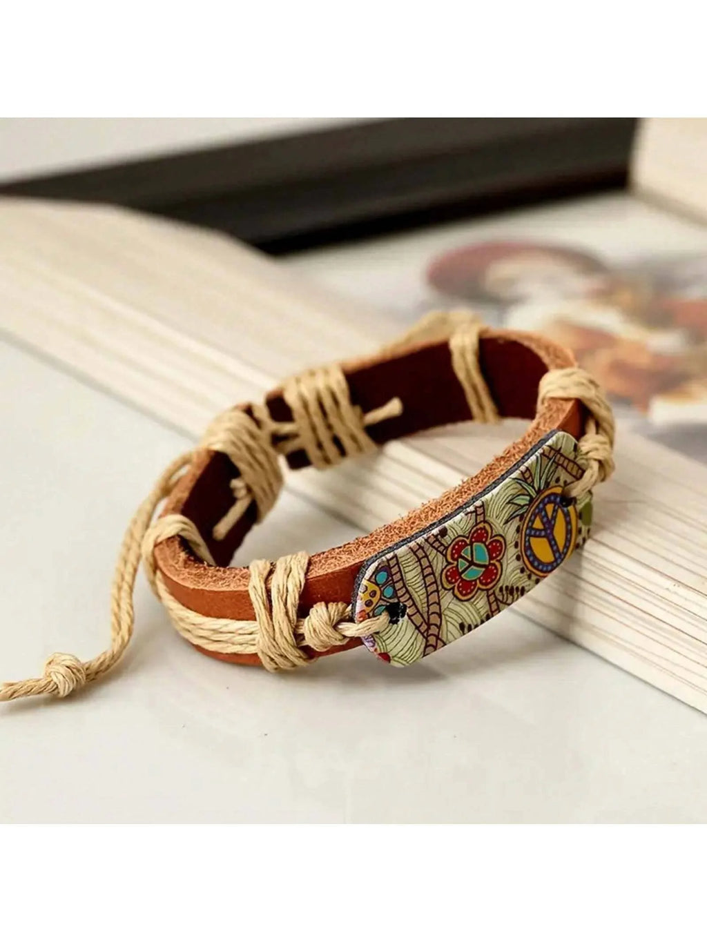 Vintage Style Hot Paint Peace Sign PU Leather Bracelet Woven Bracelet