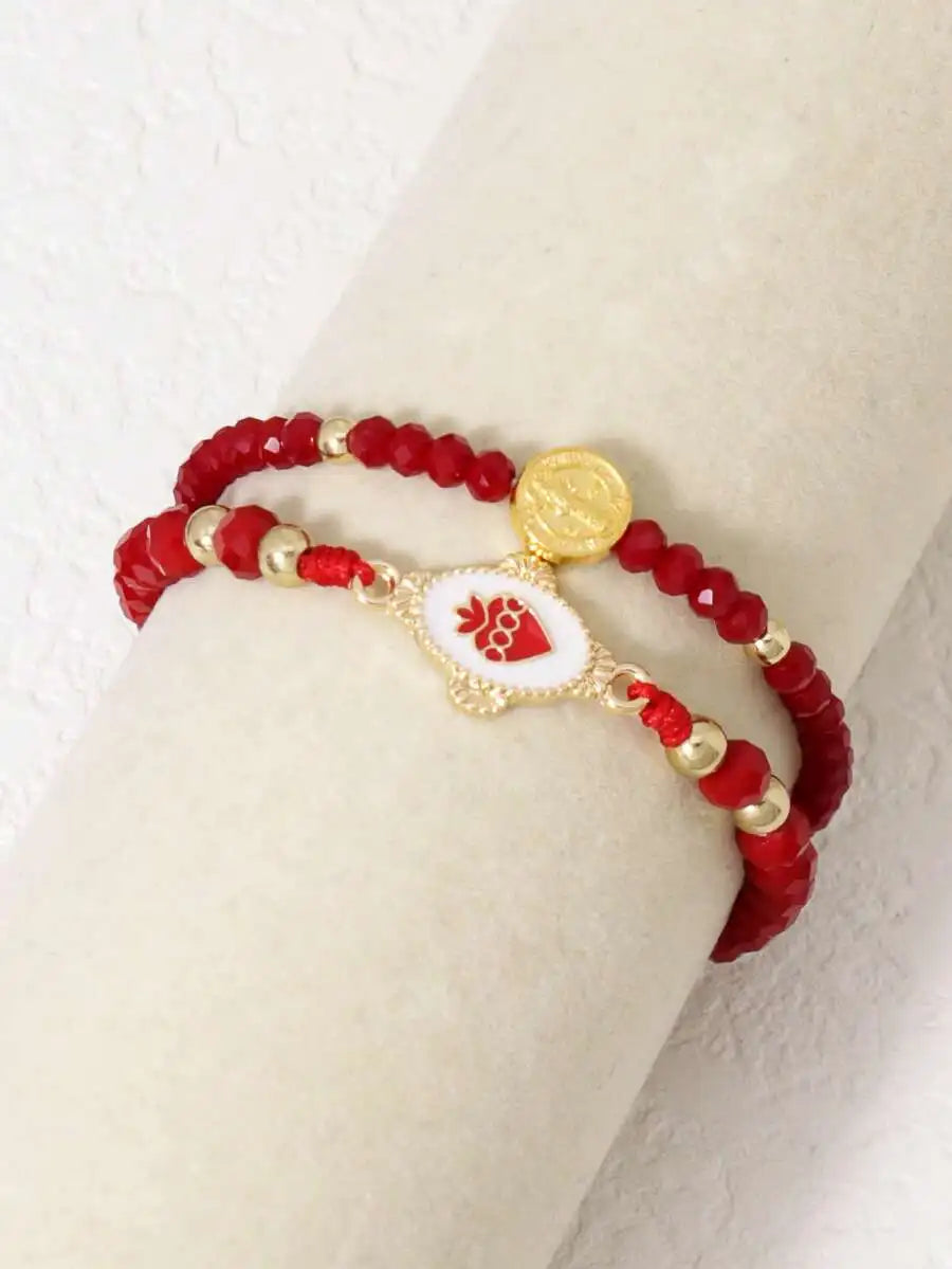 2pcs Vintage Red Artificial Crystal Beads Jesus Charm Adjustable Bracelet Set For Women
