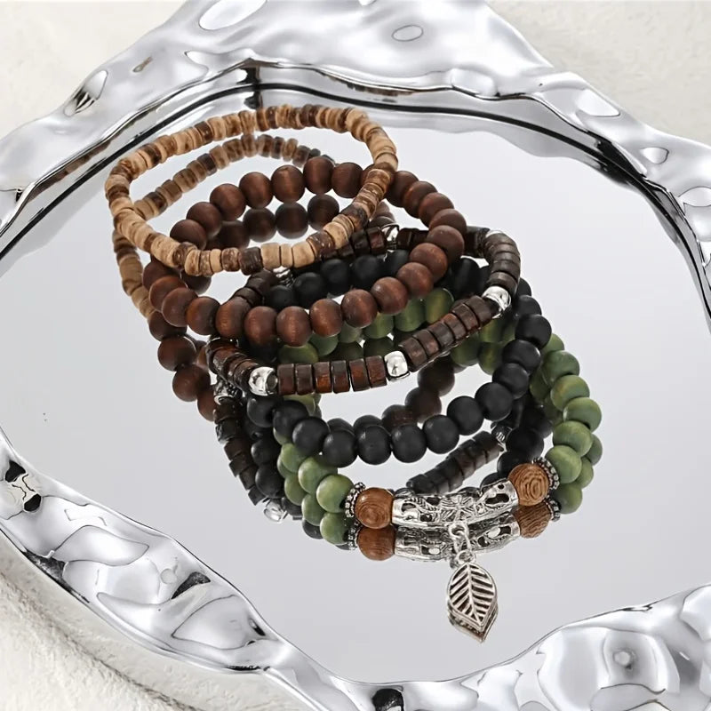 5Pcs Retro Bohemian Wooden Bead Coconut Shell Bracelet Set Handmade Beaded Stackable Wrist Jewelry for Unisex