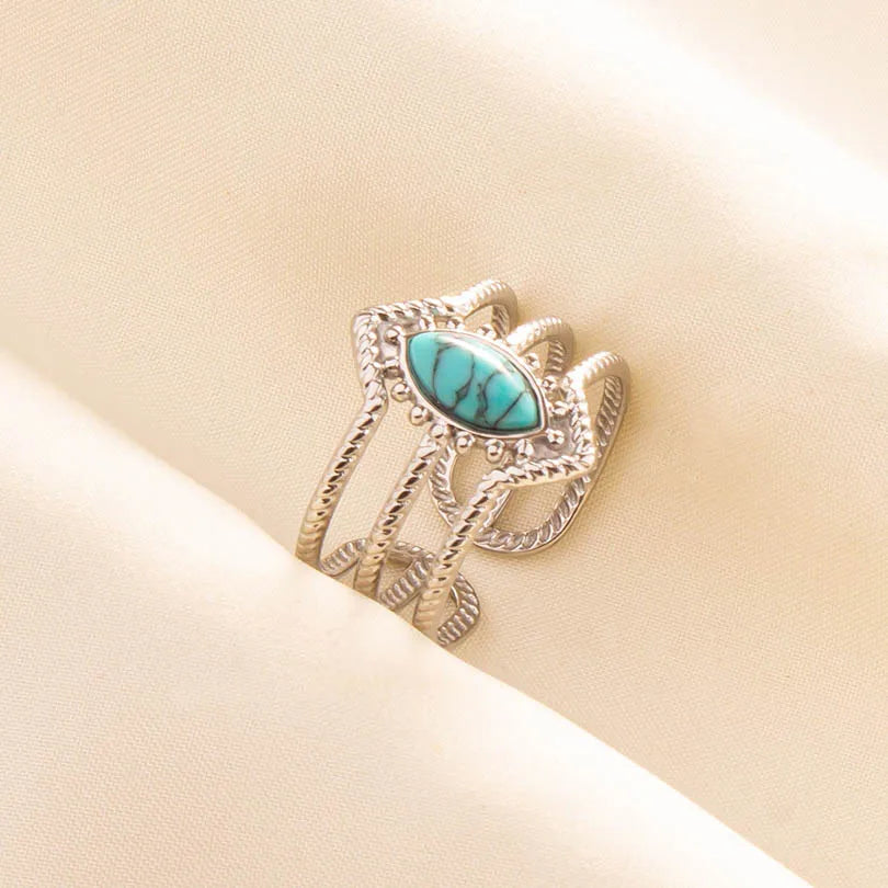 1pc Stainless Steel Boho Turquoise Open Finger Rings Trendy Adjustable Women Multi Layers Stackable
