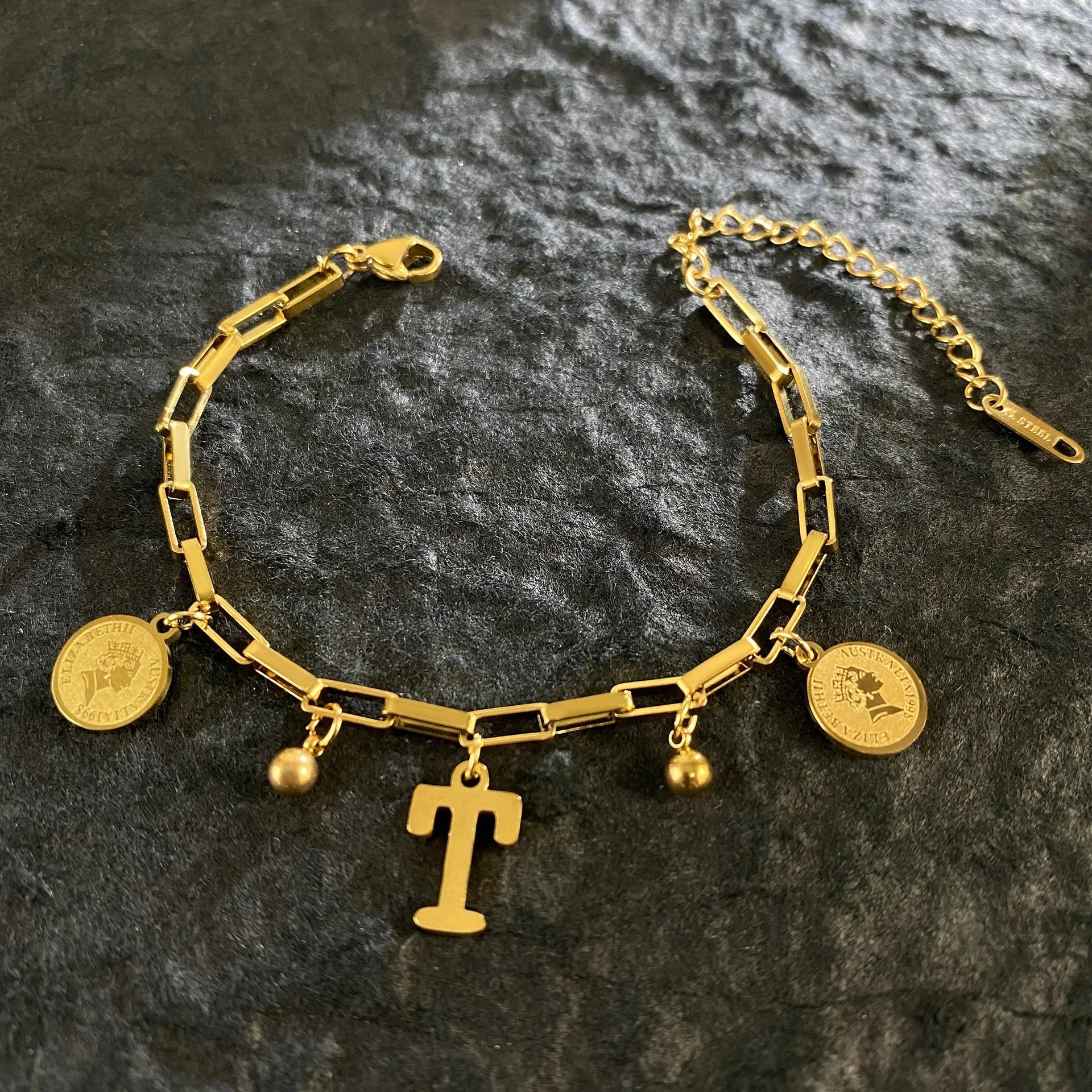 1pc Queen Coin Letter plated Stainless Steel Bracelet for Women Small Bell Pendant Adjustable Bracelet Classic Jewelry Gift