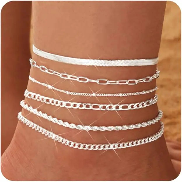 6PCS Ankle Bracelets for Women 14K Gold-plated  Anklets Stainless Steel Cuban Link Chain Anklet Set Layered Beach Jewelry Gift