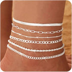 6PCS Ankle Bracelets for Women 14K Gold-plated  Anklets Stainless Steel Cuban Link Chain Anklet Set Layered Beach Jewelry Gift