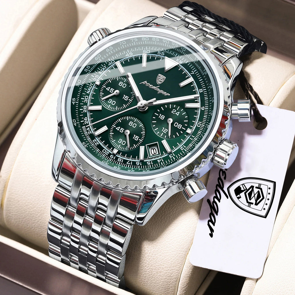POEDAGAR Luxury Business Men's Watch Stainless Steel Chronograph Date Sport Quartz Man Clock Waterproof Luminous Military Watches For Men mbzr