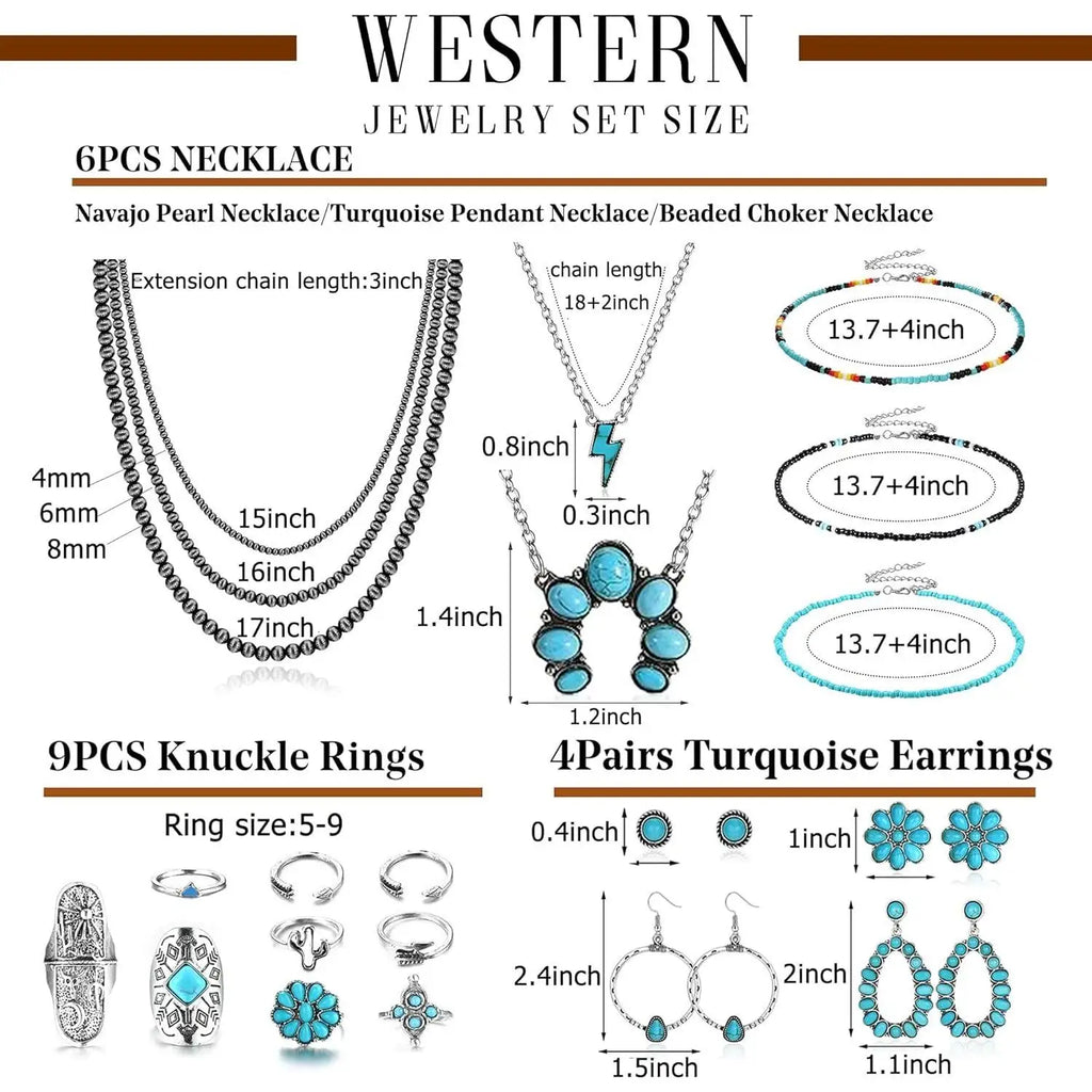 Turquoise Jewelry for Women Bohemian Western Jewelry Set Navajo Pearl Necklace Beaded Choker Necklace Turquoise Earrings Bracelet Vintage Knuckle Rings Boho Western Jewelry for Women