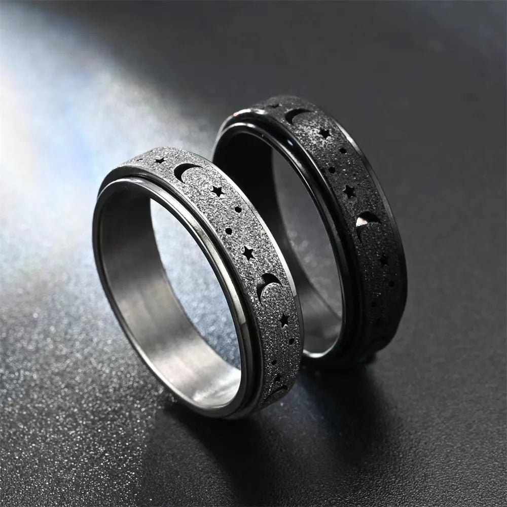 Anti Stress Stainless Steel Spinning Rotating Finger Rings For Women Men Rotatable Design Moon-Star Frosted Ring Fashion Jewelry