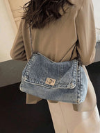 Classic Solid Retro Washed Denim Shoulder Bag, Quilted Stitch, Metal Chain, Large Capacity For Shopping & Daily Outings.Y2k