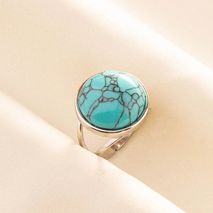 1pc Stainless Steel Boho Turquoise Open Finger Rings Trendy Adjustable Women Multi Layers Stackable