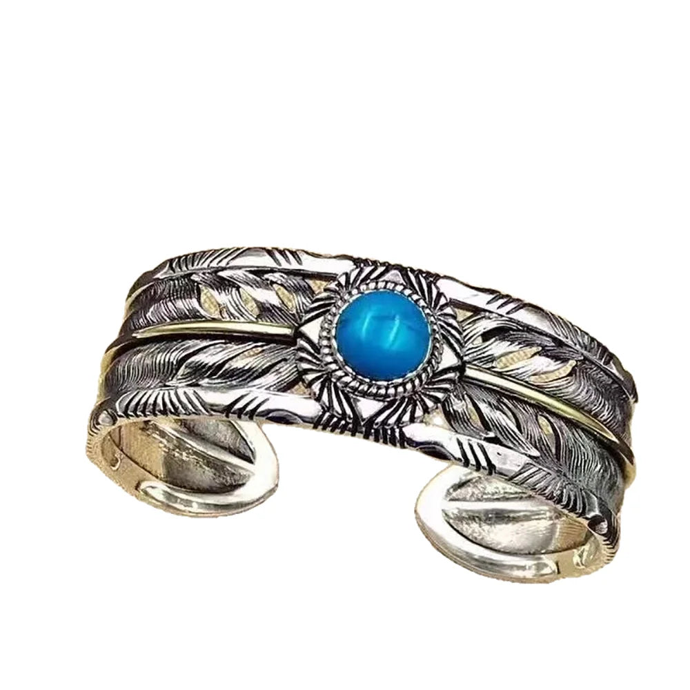 Vintage Copper Plated Silver Color Feather Unisex Bracelet Open Cuff Bangle With Turquoise Retro Style