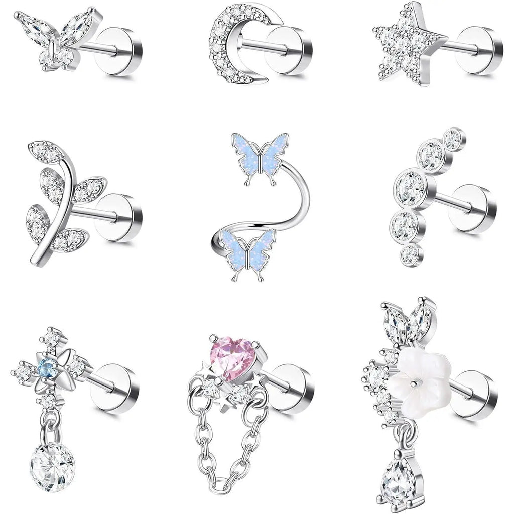 9Pcs 16G Cartilage Earrings Helix Earrings for Women Stainless Steel Helix Piercing Jewelry Leaf Butterfly CZ Studs Flat Back Cartilage Earrings Set