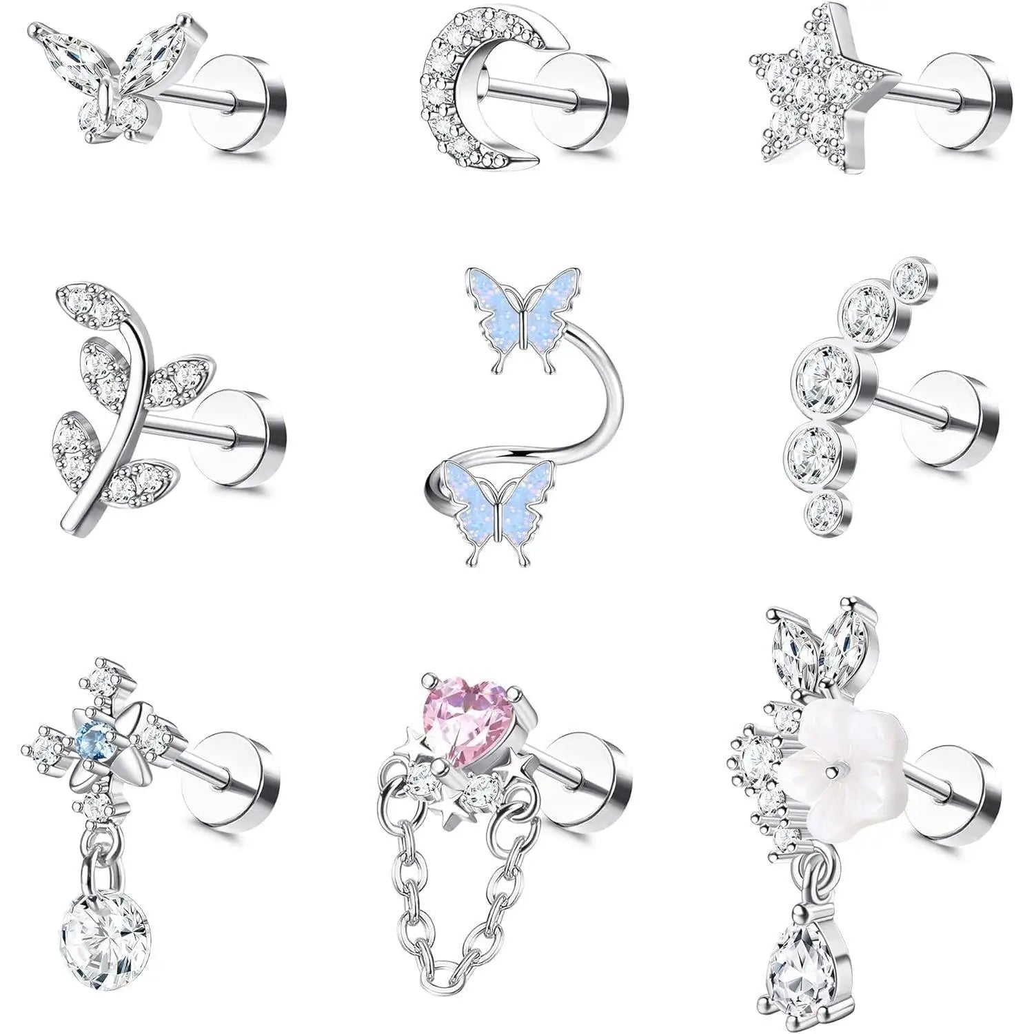 9Pcs 16G Cartilage Earrings Helix Earrings for Women Stainless Steel Helix Piercing Jewelry Leaf Butterfly CZ Studs Flat Back Cartilage Earrings Set