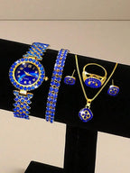 Luxury Blue Crystal Inlaid Alloy Womens Quartz Wristwatch With Bracelet Band mbzr