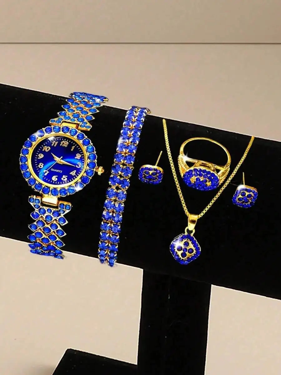 Luxury Blue Crystal Inlaid Alloy Womens Quartz Wristwatch With Bracelet Band mbzr
