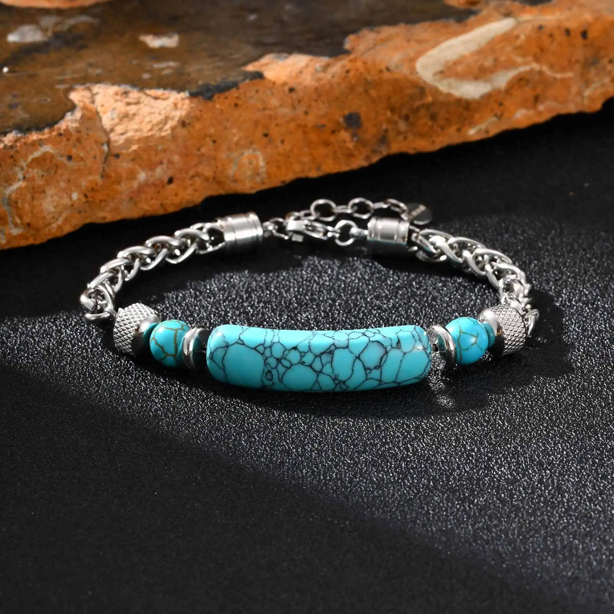 Vnox Stainless Steel Natural Turquoise Bead Bracelet for Men, 19+3cm Adjustable Chain Wristband