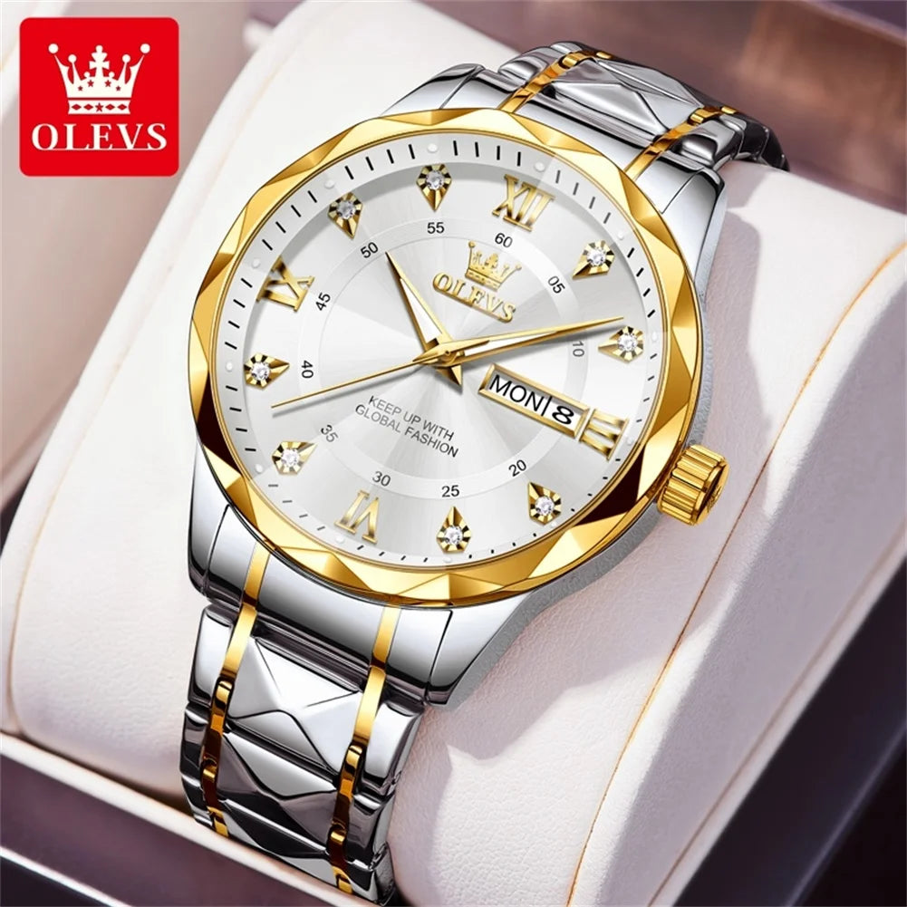 OLEVS 5609 Brand Original Quartz Movement Watch For Men Big Diamond Dual Calendar Dial Steel Bracelet HD Luminous Function 30m Waterproof Watch