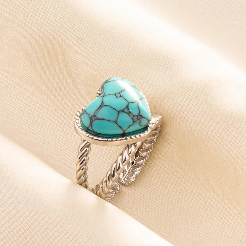 1pc Stainless Steel Boho Turquoise Open Finger Rings Trendy Adjustable Women Multi Layers Stackable
