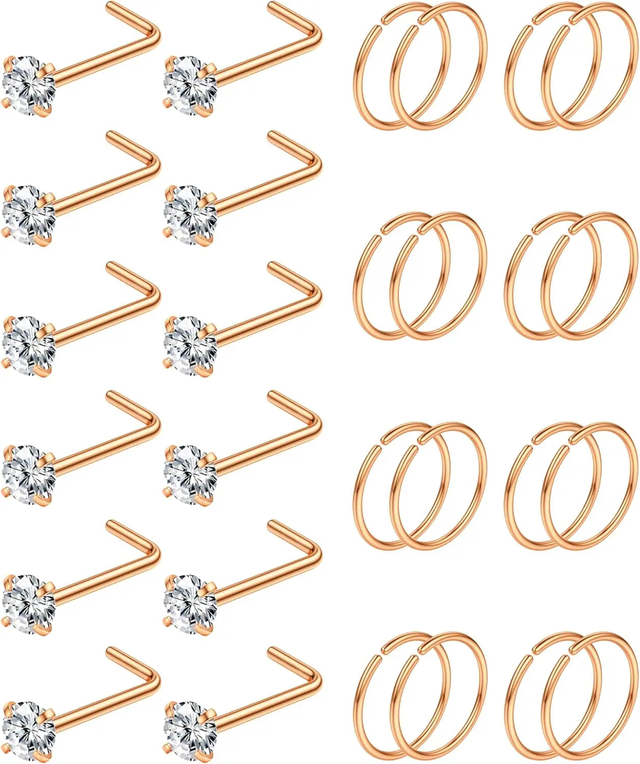 28PCS 316L Stainless Steel Nose Rings Hoops Studs for Women Men CZ L Shaped CZ Nose Stud Hoop Nostril Piercings Jewelry Set mbzr