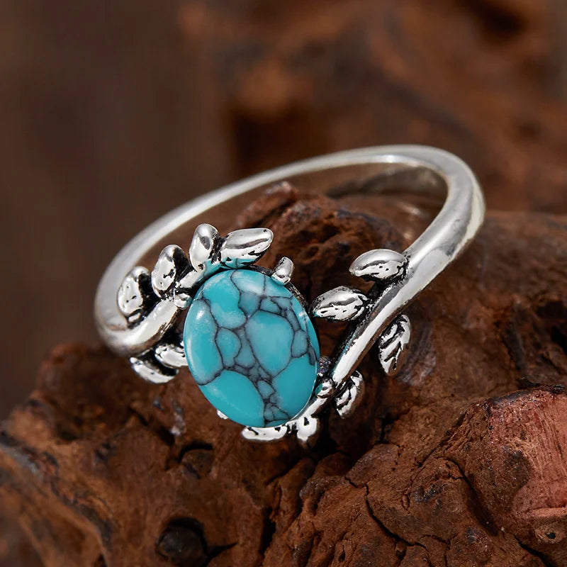 Retro Bohemian Silver Color Imitation Turquoise Branch Ring Fashion Ethnic Style Jewelry mbzr