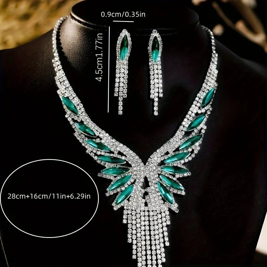 3pc Luxury Green CZ Wing Tassel Necklace Earrings Set for Women Silver Color Crystal Bridal Jewelry Set Wedding Party Prom Gift