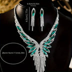 3pc Luxury Green CZ Wing Tassel Necklace Earrings Set for Women Silver Color Crystal Bridal Jewelry Set Wedding Party Prom Gift