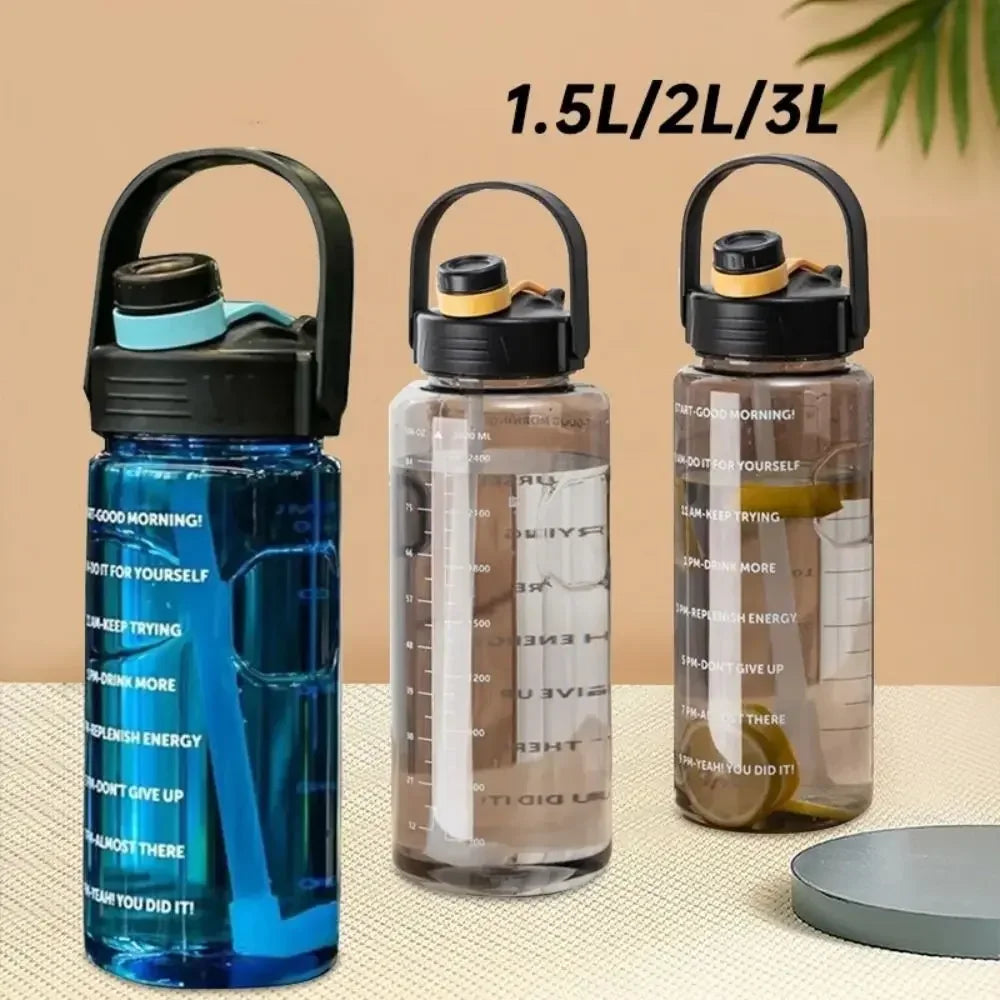 1.5 L/2L/3L Bottled Large Capacity Sports Water Cup Leak-proof with Time Marker and Straw Plastic for Home Outdoor Sports mbzr