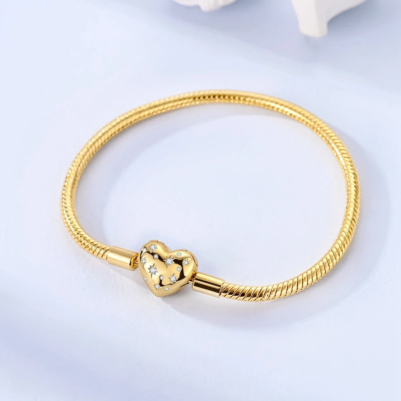 925 Sterling Silver Bracelets 17-20CM Original Golden Sparkling Heart Shaped Bracelet Fit DIY Charms Beads Fashion Women Jewelry mbzr