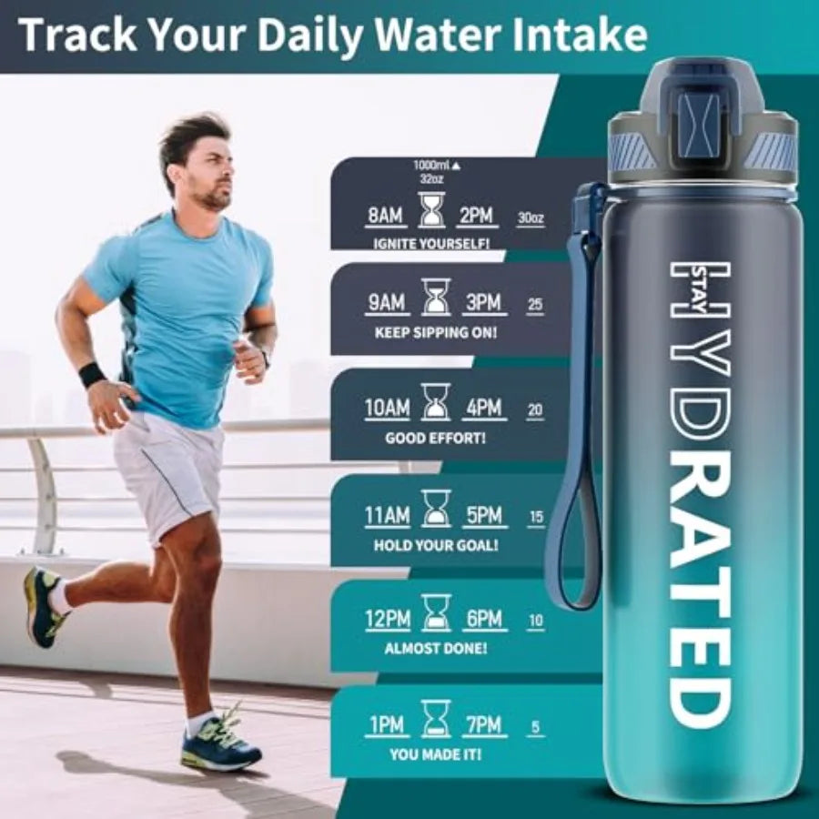 Water Bottle with Straw, 32oz Motivational Water Bottles with Time Marker to Drink, Tritan BPA Free, 1L Sports Water Bottle wit mbzr