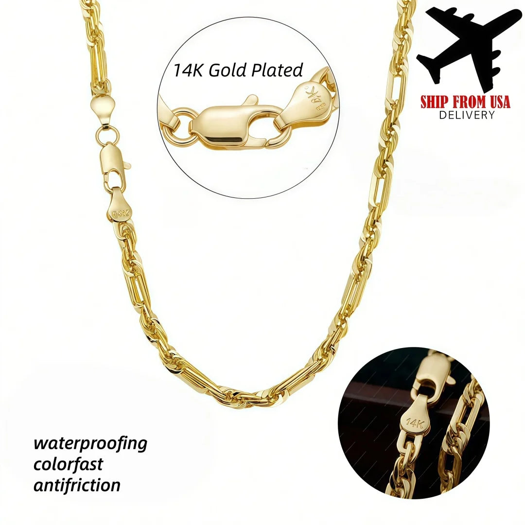2pcs Men's Miami Cuban Link Chain Necklace and Bracelet Set, 14K Gold Plated Stainless Steel Milano Rope Chain Jewelry, Waterproof Anti-Tarnish Hypoallergenic Shiny Hip Hop Gift for Daily Wear