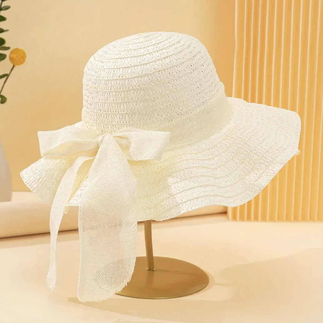 1pc Ladies' Khaki Wave Striped Bowknot Beach Hat, Boho Shell Hollow Elegant and Sun-Protected