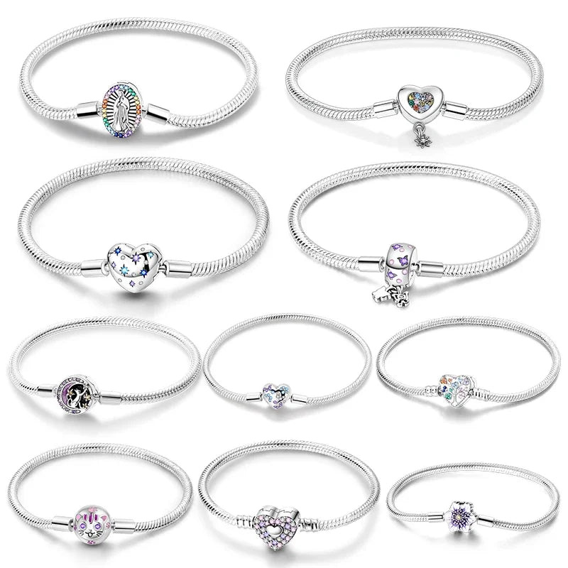 Silver 925 Bracelet Original Bracelets Colorful Zircon Heart Flower Cat Snake Chain For DIY Charms 17-20CM Luxury Jewelry Gifts mbzr