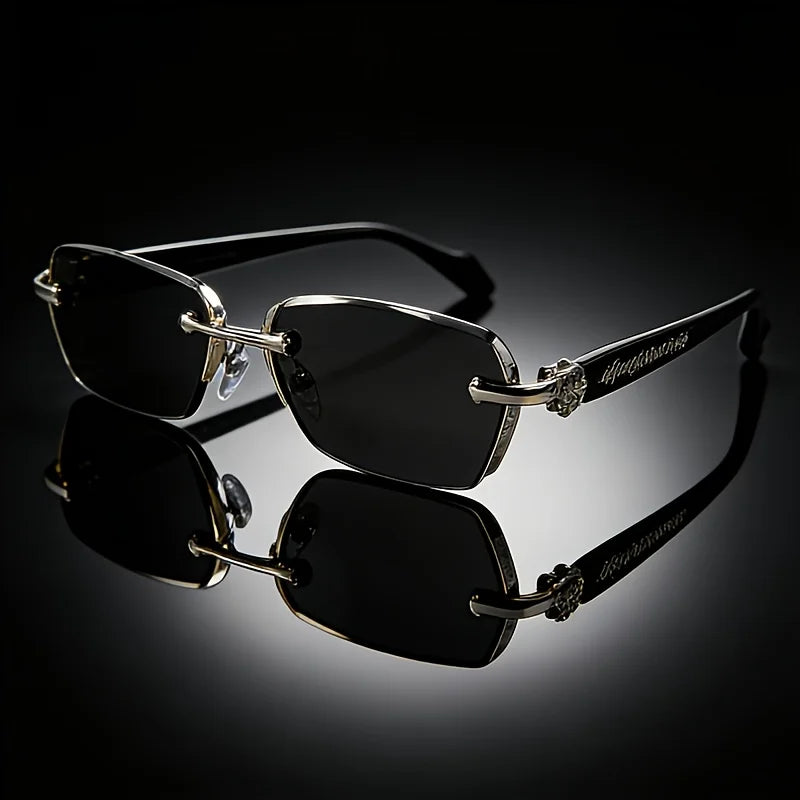 New classic retro square frameless small frame trendy daily casual wear sunglasses, metal frame + PC lenses, unisex street sunglasses, simple and advanced sense, light and no nose pressure, showing a small face artifact