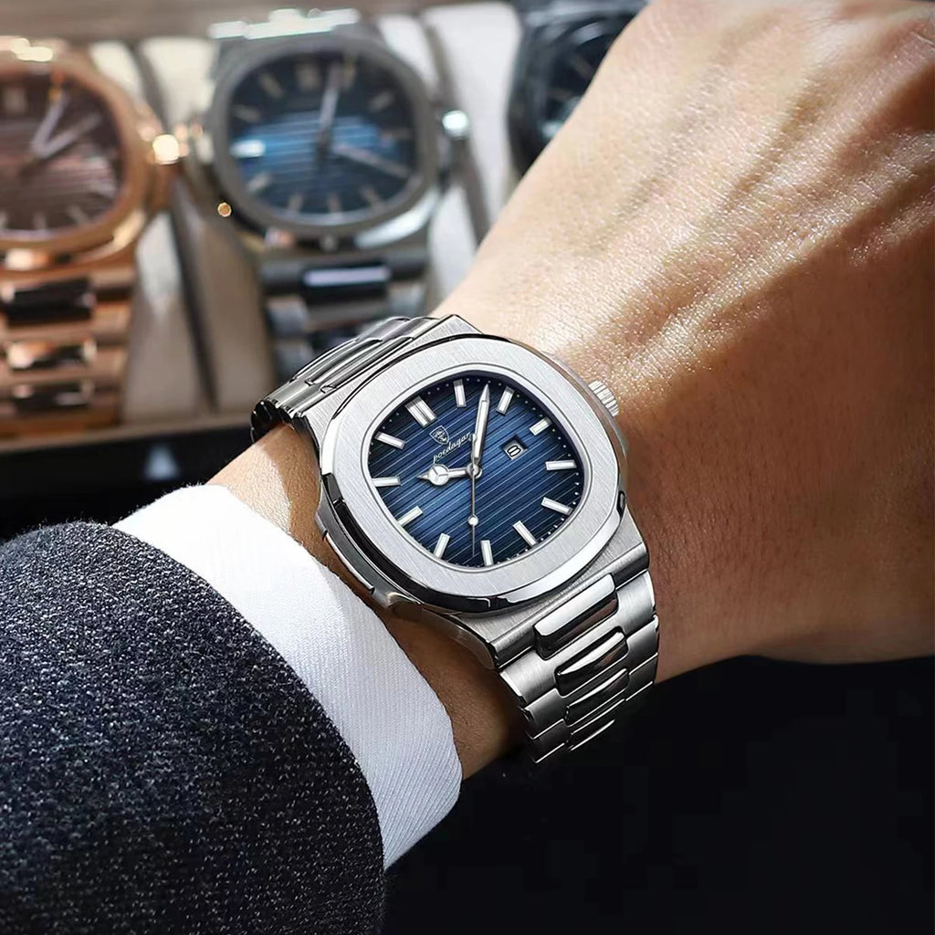 POEDAGAR Luxury Square Men’s Quartz Wristwatch Waterproof Luminous Date Stainless Steel Man Clock Business Sports Watches For Men Casual Male Reloj mbzr