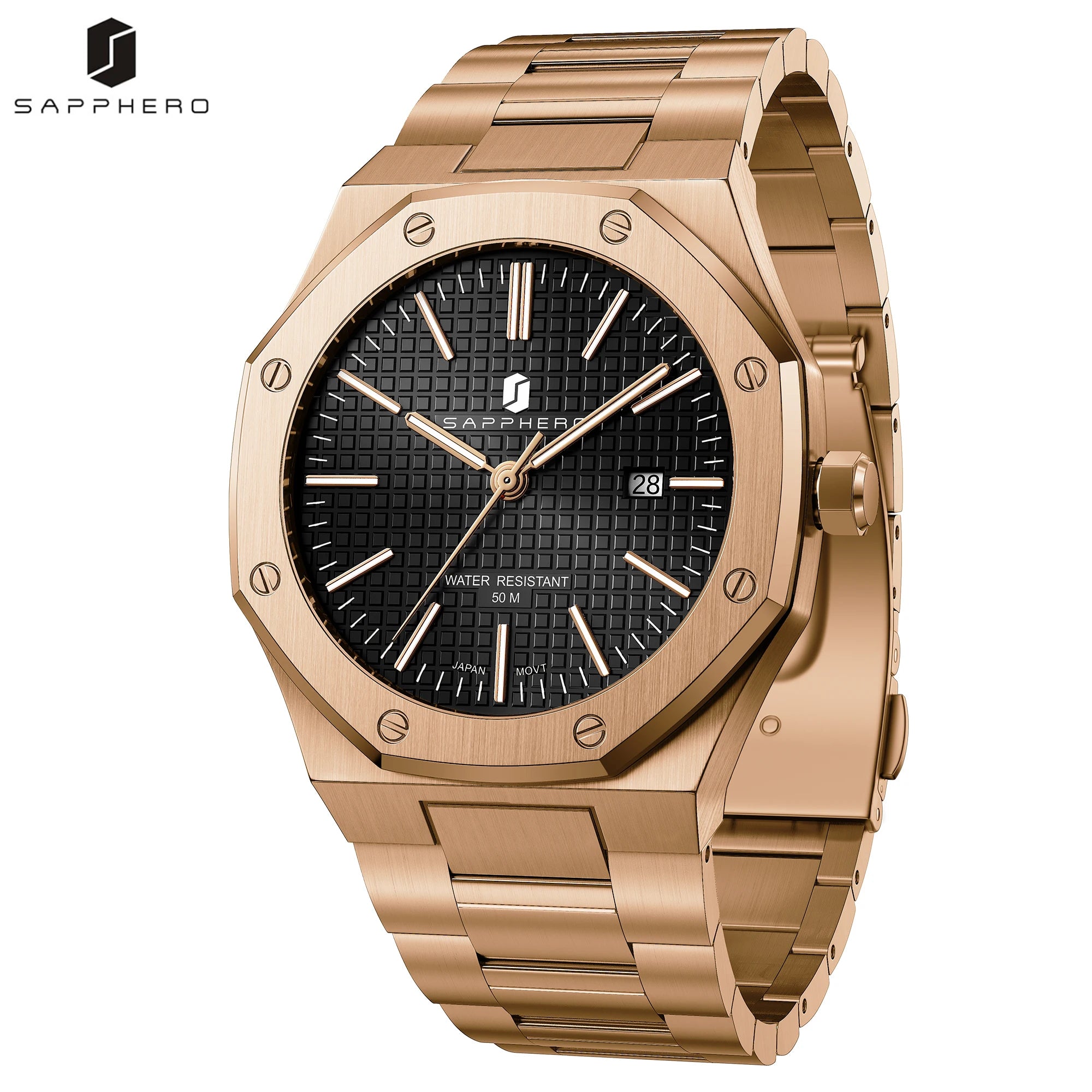 SAPPHERO Men Analog Watch Stainless Steel Quartz Movement Date Display 50M Waterproof Classic Business Casual Wristwatch Gift