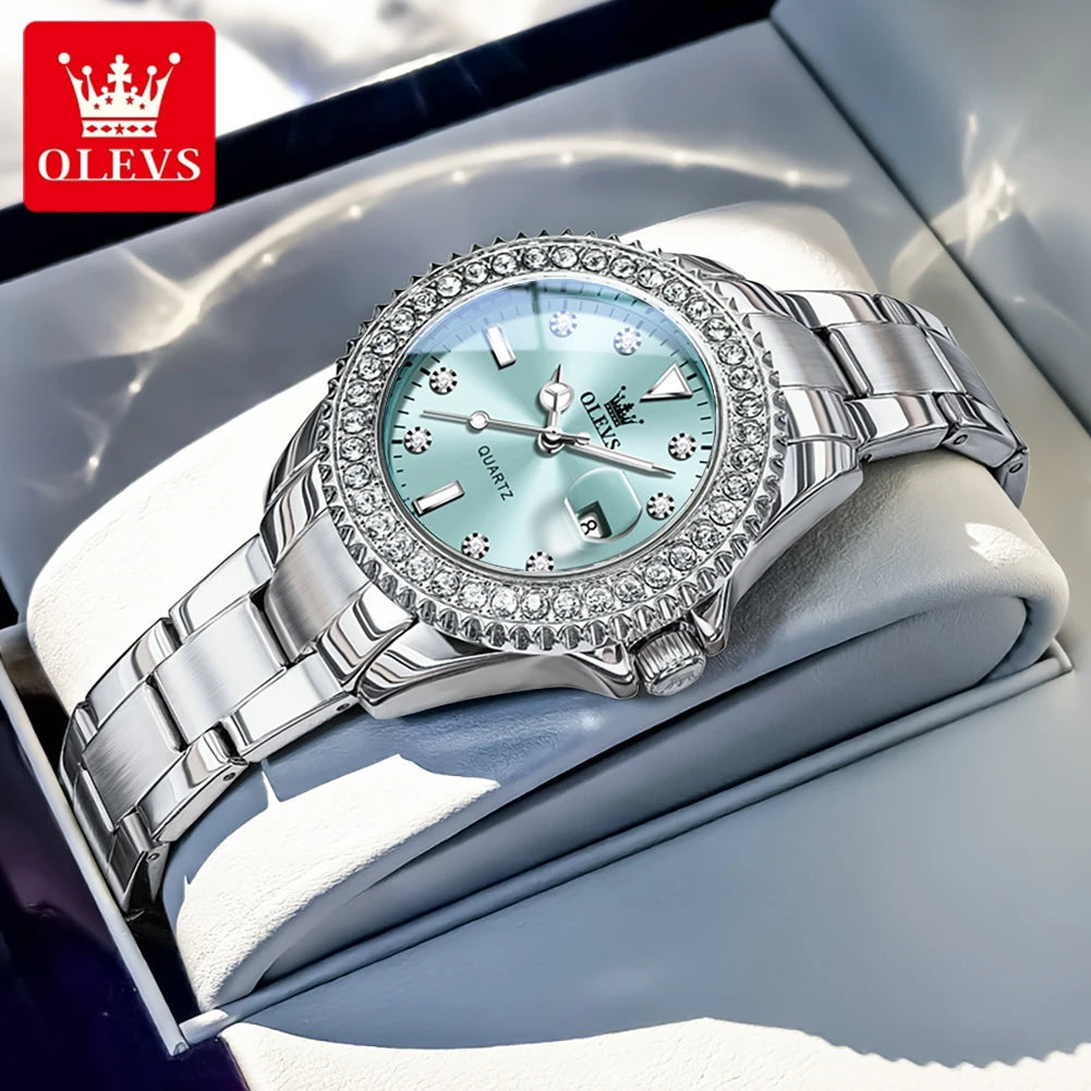 OLEVS 9945 Luxury Women Original Quartz Movement Watch Diamond Scale Stainless Steel Bracelet Luminous Function 30M Waterproof Watch mbzr