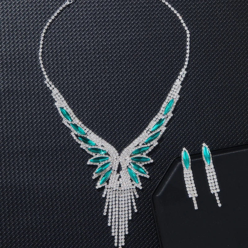 3pc Luxury Green CZ Wing Tassel Necklace Earrings Set for Women Silver Color Crystal Bridal Jewelry Set Wedding Party Prom Gift