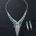 3pc Luxury Green CZ Wing Tassel Necklace Earrings Set for Women Silver Color Crystal Bridal Jewelry Set Wedding Party Prom Gift