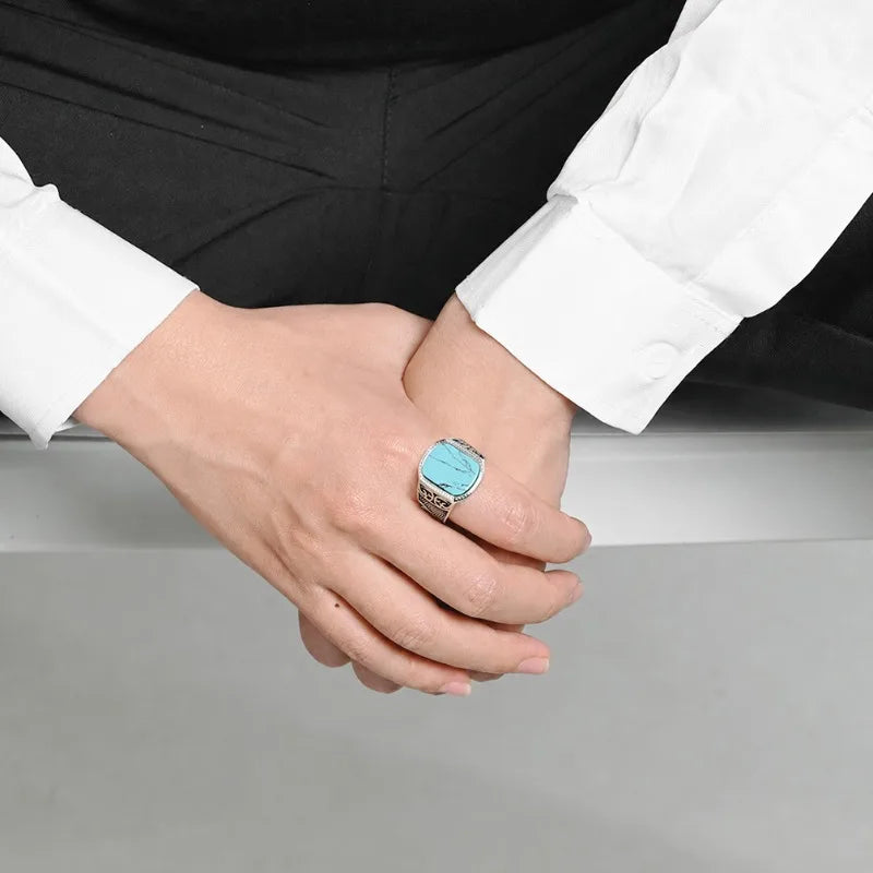 Retro Old Hollow Relief Titanium Steel Ring Green Pine Tiger Eye Black Gemstone Men's Index Finger Ring Spot