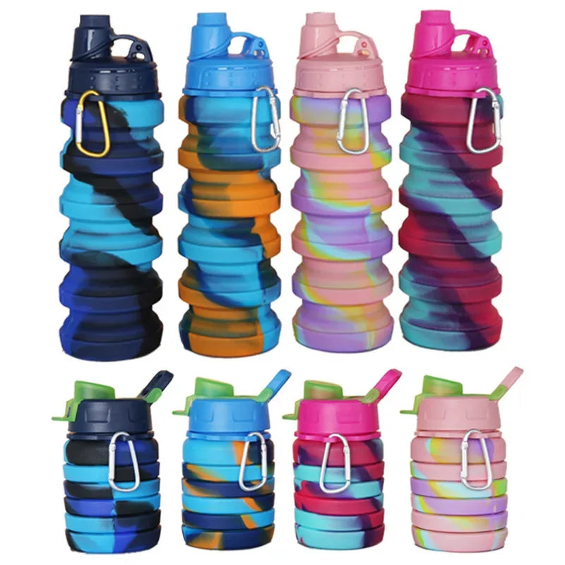 Outdoor Sports Silicone Foldable Water Bottle For Camouflage Creative Travel Reusable Leakproof Water Bottle With Carabiner mbzr