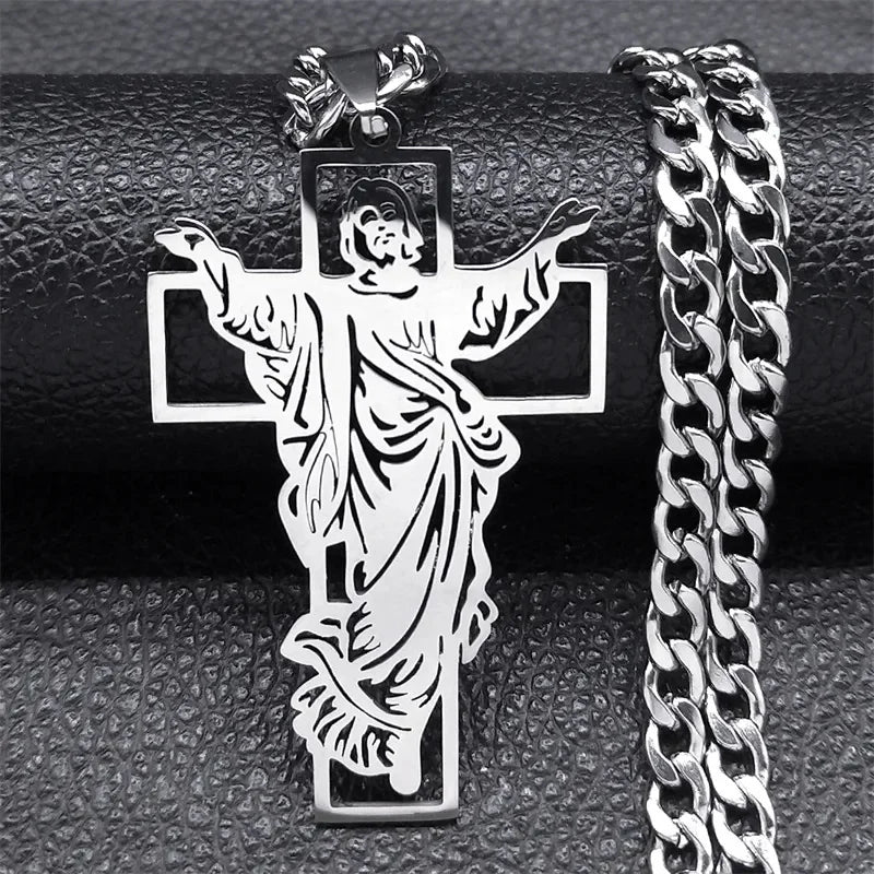 Crown of Thorns Jesus Cross Necklace Stainless Steel Gold Plated Crucifix Pendant Necklaces Jewelry