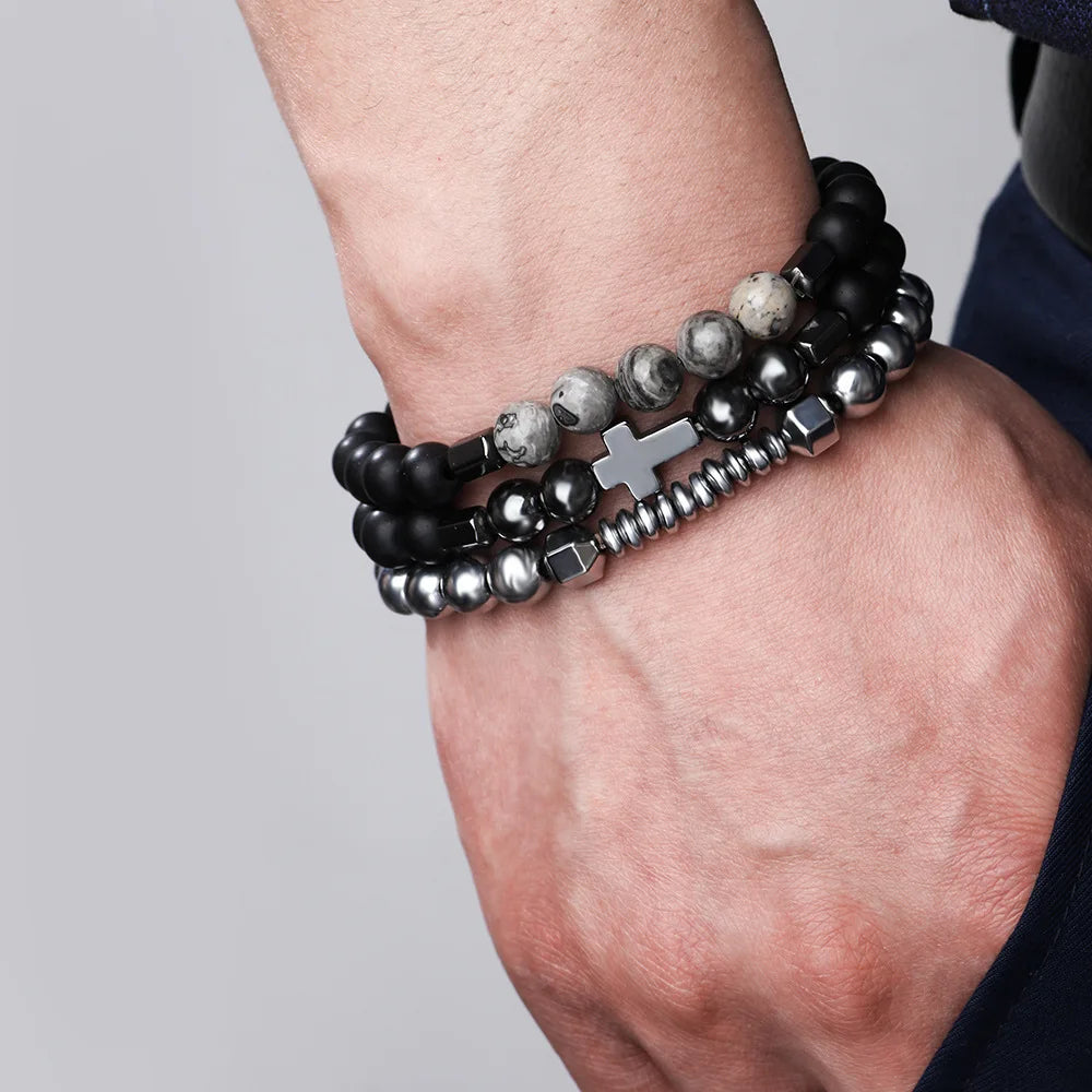 Women's UFO shaped cross black gallstone vintage bracelet with map stone   elastic cord   obsidian   luxury collectible