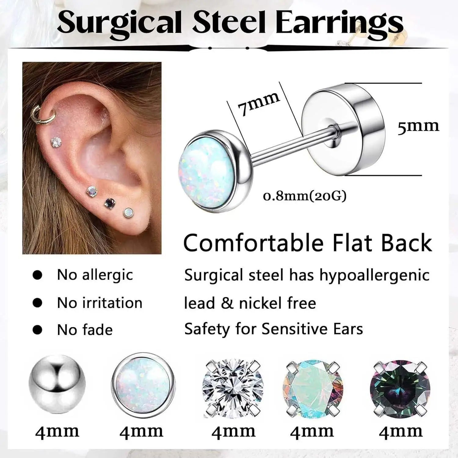 Surgical Steel Earrings for Sensitive Ears Hypoallergenic 20G Stainless Steel Stud Hoop Earrings for Women Men Small Opal Ball CZ Surgical Steel Flat Back Earrings Cartilage Earrings Hoop Stud